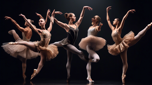 Create an image of a glamorous dance performance featuring dancers wearing costumes from top dancewear brands like Capezio, Bloch, and Balera. The dancers should be showcasing their impeccable technique and elegant movements on stage, highlighting th