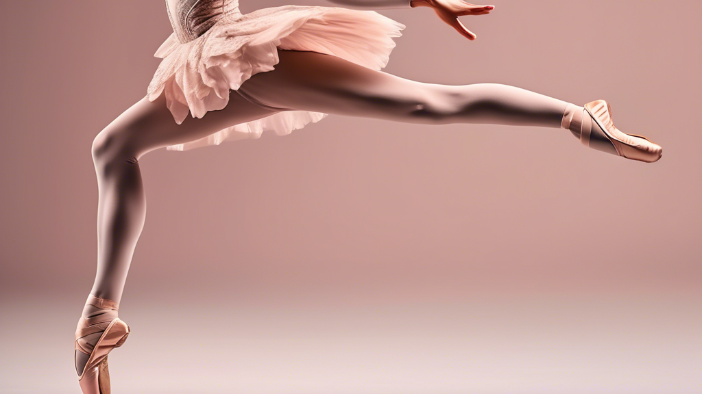 Intricate ballet dancer performing graceful leaps and spins on stage, wearing split-sole ballet shoes that emphasize foot articulation. The image should capture the dancer's poise, strength, and artis