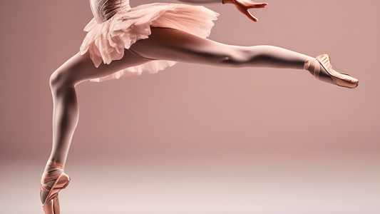 Intricate ballet dancer performing graceful leaps and spins on stage, wearing split-sole ballet shoes that emphasize foot articulation. The image should capture the dancer's poise, strength, and artis