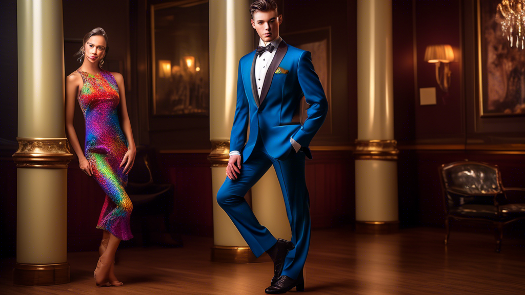 A fashion photoshoot of a model showcasing tailored ballroom suits in various elegant poses and settings, highlighting the sophistication and craftsmanship of the suits. The model should exude confide