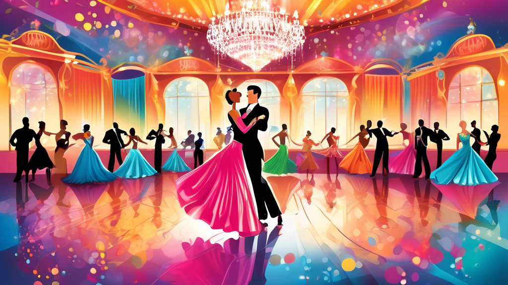 Create an image of an elegant ballroom dancer surrounded by the 10 must-have treasures for ballroom dancers, including dance shoes, sparkling costumes, hair accessories, competition medals, and a trophy. The background should feature a grand ballroom