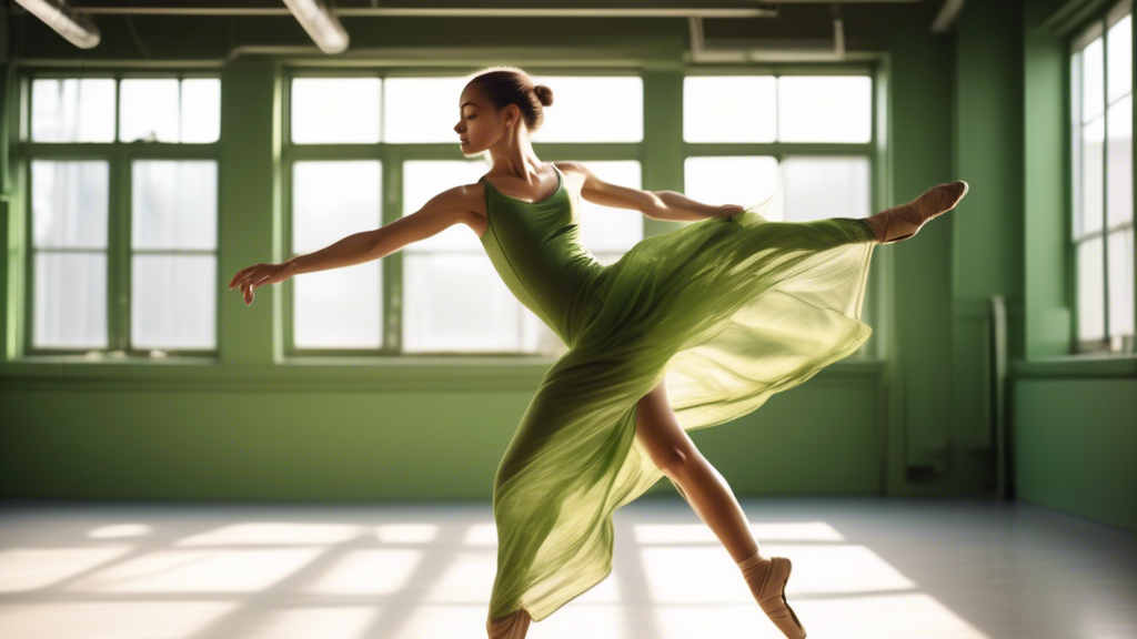 Create an image of a dancer gracefully moving in a beautiful green dance outfit made from sustainable materials, such as recycled fabrics or plant-based fibers. The setting is a dance studio with natural light streaming through large windows, highlig