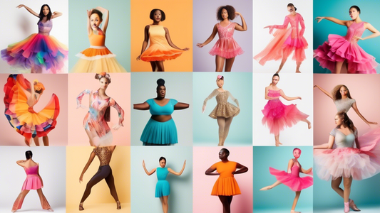 A collage of dance costumes and accessories for a variety of dance styles, designed to fit different body shapes and sizes, with a focus on customization and inclusivity