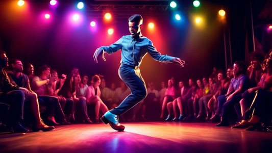 A modern tap dancer wearing stylish tap shoes, performing on a stage with colorful lights and a diverse audience.