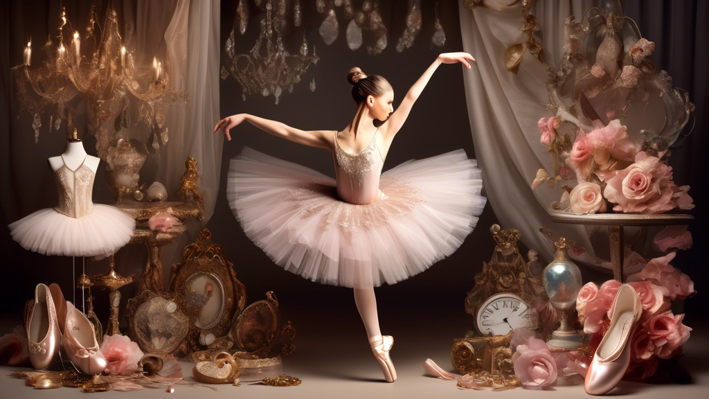 Create an image of a ballerina gracefully dancing on a stage, surrounded by a collection of unique treasures related to ballet, such as antique pointe shoes, intricate tiaras, delicate tutus, elegant ribbons, and sparkling jewelry. Each treasure shou