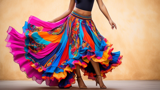 A vibrant and intricate Latin dance skirt designed by a skilled artisan, featuring a flowing silhouette adorned with layers of colorful fabric, patterns, and embellishments, capturing the essence of L