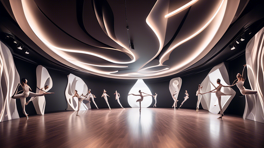 Create an image of a futuristic, avant-garde dance studio that integrates innovative design elements to enhance the performance experience. Show a space that seamlessly merges cutting-edge technology with elegant aesthetics, providing a visually stun