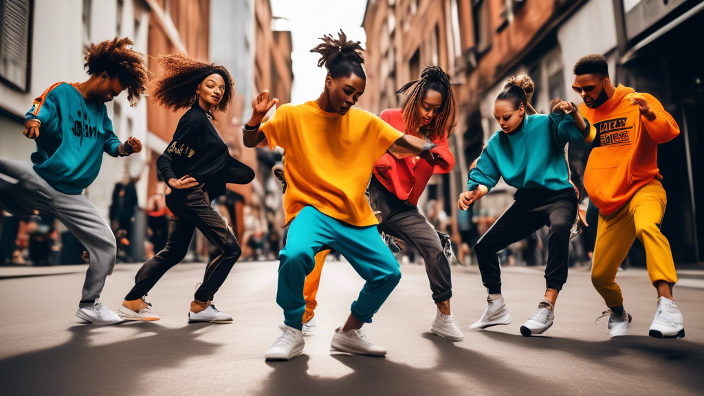 A diverse group of dancers, wearing vibrant and stylish street dance sneakers, performing a dynamic and energetic dance routine on an urban street. The composition should showcase the sneakers' athlet