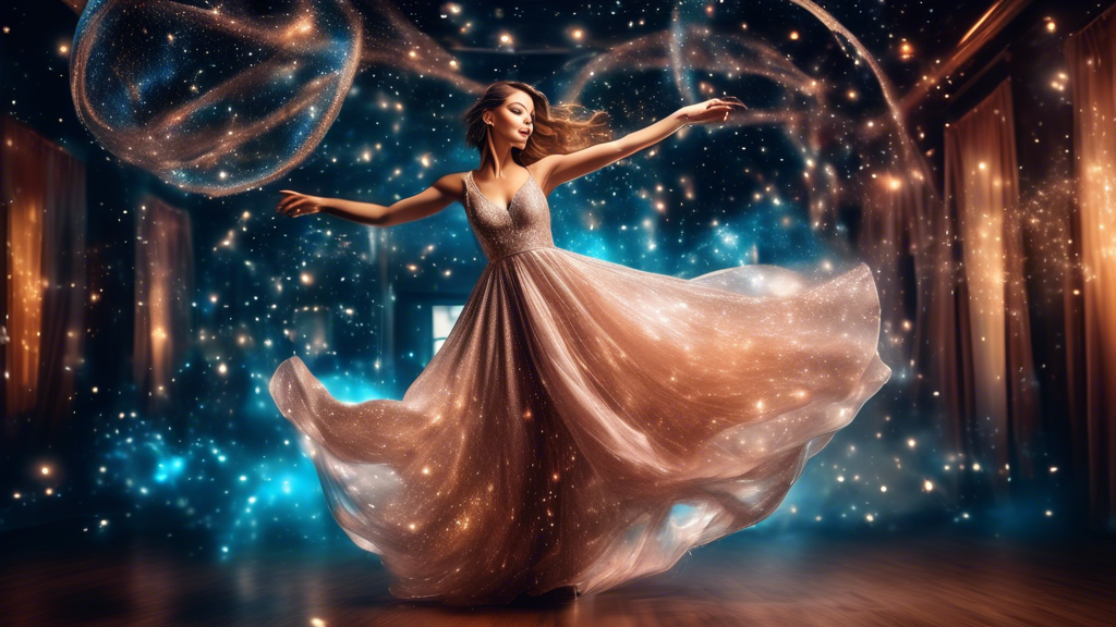 An elegant custom-made ballroom gown, flowing and sparkling, suspended in midair with a beautiful woman inside, surrounded by swirling stardust and magical lights.