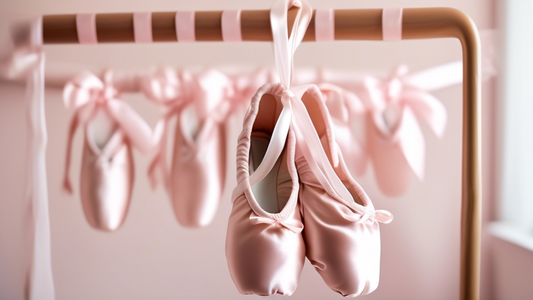 A close-up, detailed photo of a ballerina's satin ballet shoes, newly cleaned and drying on a shoe rack. The shoes are a soft pink color, with white ribbons tied around the ankles. The background is a