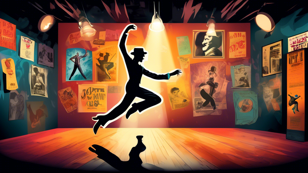 Create an image of a tap dancer in a dimly lit underground dance studio, surrounded by old posters, tap shoes, and vintage records. The dancer is energetically tapping away, illuminated by a spotlight, as a sense of excitement and discovery fills the