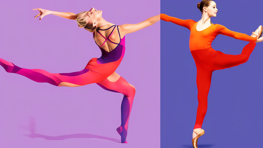 Create an image of a dancer wearing specialized dance apparel, such as form-fitting leotards, supportive dance shoes, and flexible leggings, showcasing grace and precision in their movements on stage. The image should capture the dancer's elegance an
