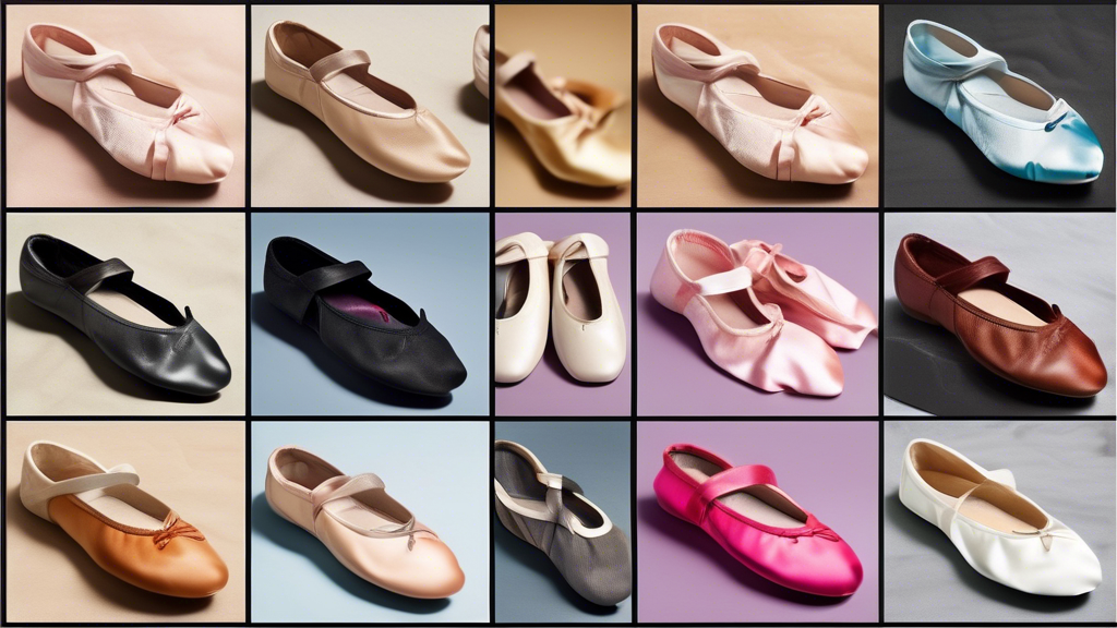 A collage of ballet shoes made from different materials, such as leather, canvas, and satin, displayed side-by-side to showcase the differences in texture, flexibility, and durability.