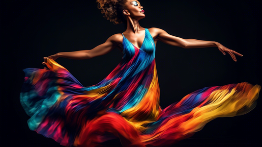 An elegant jazz dancer wearing a flowing, colorful dress that captures the movement and energy of jazz dance. The dress should have vibrant patterns and textures that evoke the improvisational and exp