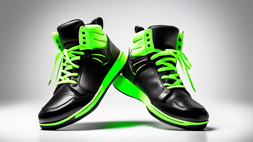 A pair of stylish black hip hop dance shoes with neon green accents, isolated on a white background. The shoes are shot from a low angle, showcasing their sleek design and functionality. The shoes are