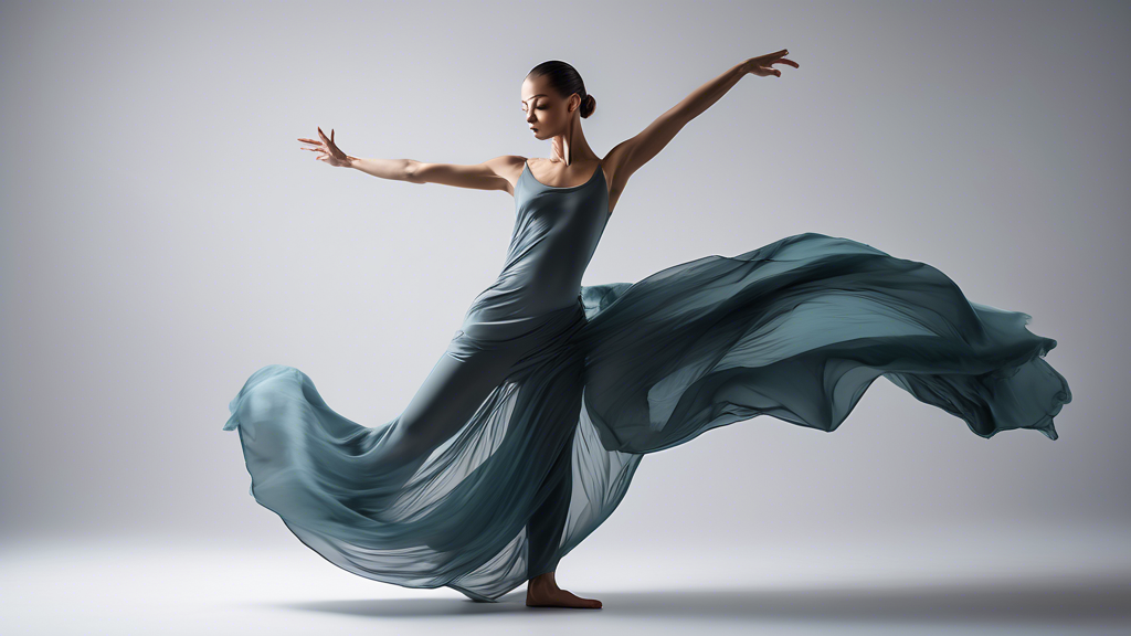 A dancer in flowing, breathable fabric that captures the essence of movement and performance. The fabric should be light and airy, allowing for freedom of movement, while also providing comfort and su