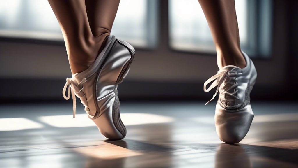 A photorealistic image of a dancer wearing comfortable, stylish dance sneakers during a rehearsal. They are lightweight and supportive, providing the perfect balance for long hours of practice. The sn