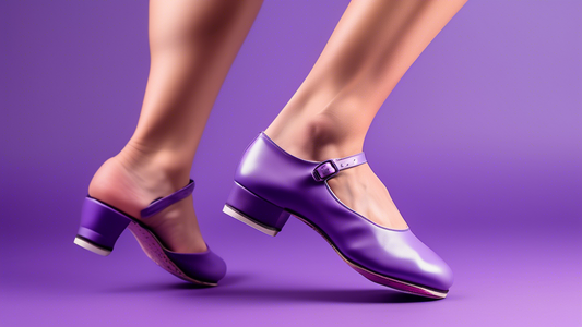 A pair of tap shoes with an arch support insole, hovering above a human foot with visible arch support on a purple background, showcasing the benefits of tap shoe arch support.