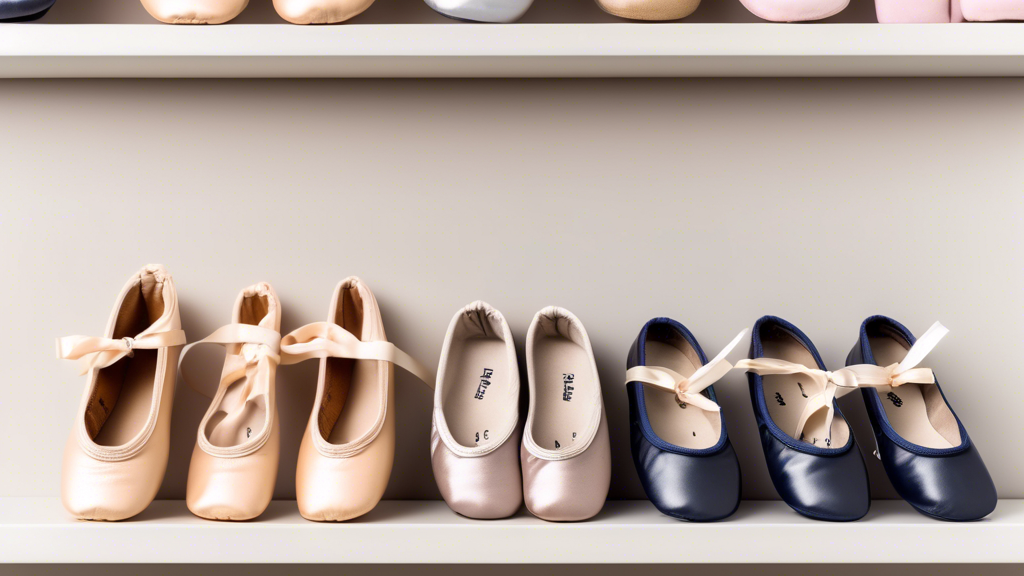 Create an image of a pair of men's ballet shoes in various styles and sizes, displayed on a shelf with a measuring tape and foot outline chart nearby. The shoes should be in different colors and materials, showcasing the range of options available fo