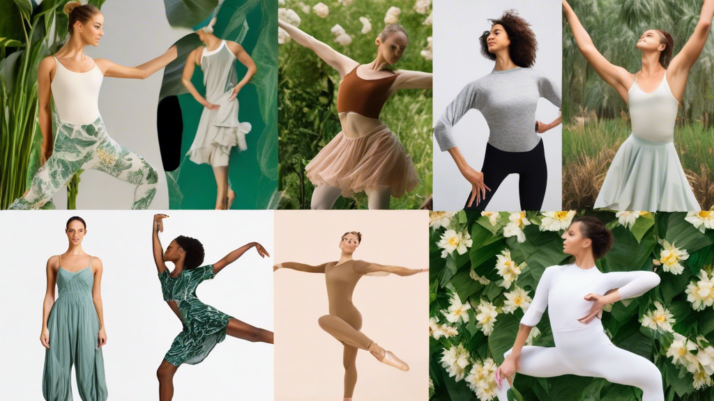 A collage of images that celebrate sustainable eco-friendly dancewear choices. The images should include dancers wearing clothing made from organic materials, recycled fabrics, and ethically sourced m