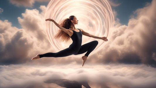 A sleek and graceful woman in a black bodysuit and leg warmers, striking a yoga pose on a floating dance floor in the sky, surrounded by ethereal clouds and soft, glowing lights. The focus is on the w