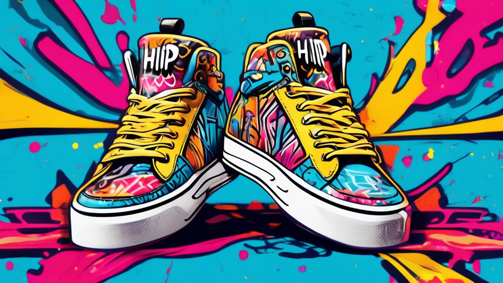 A pair of hip hop sneakers with graffiti-style artwork on them, including spray paint, stencils, markers, and stickers. The sneakers are vibrant with colorful patterns and designs.