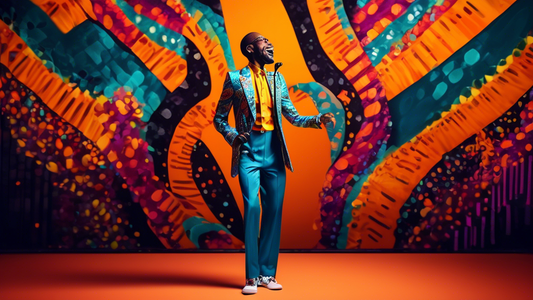 A stylish and sophisticated jazz musician wearing custom-designed jazz pants, standing on a stage in front of a microphone, with a vibrant and energetic background. The pants should feature intricate 