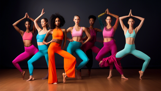 A stunning fashion editorial featuring a diverse group of models showcasing the latest premium yoga dance wear, captured in a vibrant and dynamic studio setting. The models demonstrate the versatility