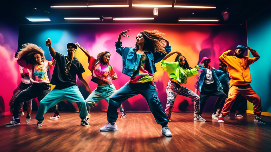 A vibrant and energetic street dance studio, filled with dancers in colorful and stylish hip hop attire, showcasing their latest dance moves. The studio is equipped with full-length mirrors and a soun