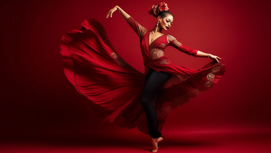 A vibrant and stylish female dancer adorned in an elevated Latin dance attire, striking a graceful pose against a deep red background. The attire features intricate embellishments, flowing fabrics, an