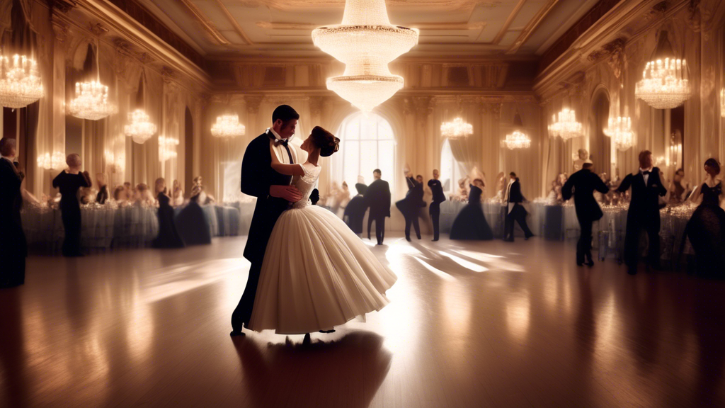 Create an image of a couple dancing in a ballroom, with the woman wearing a classic ballgown and the man wearing a tuxedo. The ballgown should be floor-length and have a full skirt, and the tuxedo sho