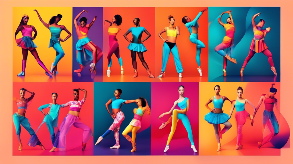 Create an image of a diverse group of dancers wearing different styles of dancewear from various direct-to-consumer brands, showcasing the variety and savings available in the dancewear market.