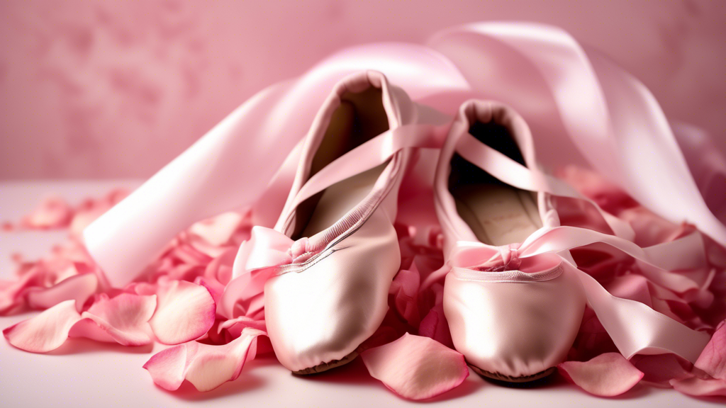 A beautiful pair of ballet shoes lying on a delicate bed of pink rose petals, with a soft pink background. The shoes are made of high-quality leather and satin, and they have a slight sheen. The ribbo