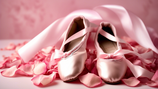 A beautiful pair of ballet shoes lying on a delicate bed of pink rose petals, with a soft pink background. The shoes are made of high-quality leather and satin, and they have a slight sheen. The ribbo