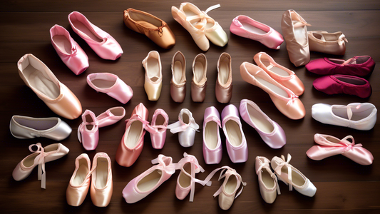 Create an image of a variety of ballet shoes in different styles, colors, and sizes laid out neatly on a wooden floor, with a spotlight shining down on them to highlight the details of each pair. The shoes should include traditional pink satin pointe
