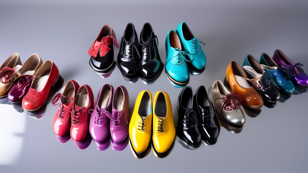 A colorful assortment of tap shoes, neatly arranged on a reflective surface, showcasing the variety of styles, materials, and designs available in the top tap shoe brands of 2021.