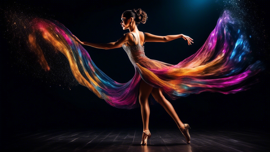 An elegant Latin dance performer wearing a flowing, sparkling dress, performing a graceful dance move on a stage with a dark background, creating a captivating and alluring atmosphere.