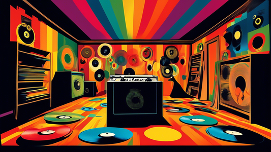 Produce an image of a mysterious, dimly lit room filled with a variety of vintage vinyl records, with one record prominently featured showing a vibrant and energetic dance scene. The room should convey a sense of excitement and discovery for dance en