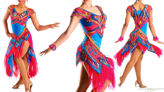 A vibrant and colorful Latin dance costume with intricate beading and embroidery, showcasing the passion and energy of Latin dance. The costume should feature a flowing skirt, a fitted bodice, and eye