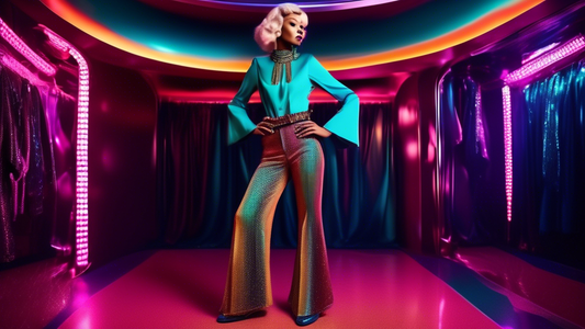 A fashionable androgynous person wearing flared jazz pants made of a rich jewel-toned fabric with an embellished belt and platform shoes, set in a retro-futuristic discotheque