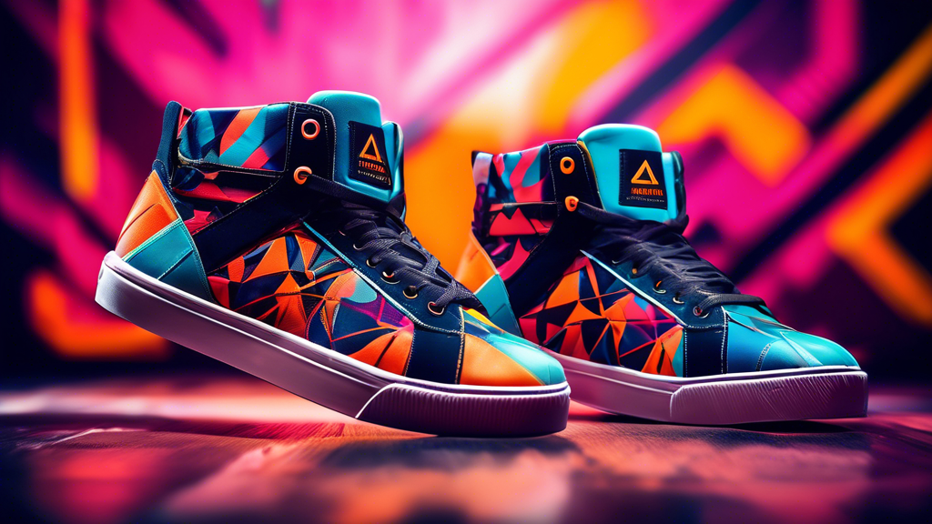 A pair of sleek and durable street dance sneakers in motion, with vibrant colors and geometric patterns that reflect the energy and expression of the dance form. The shoes should showcase the intricat