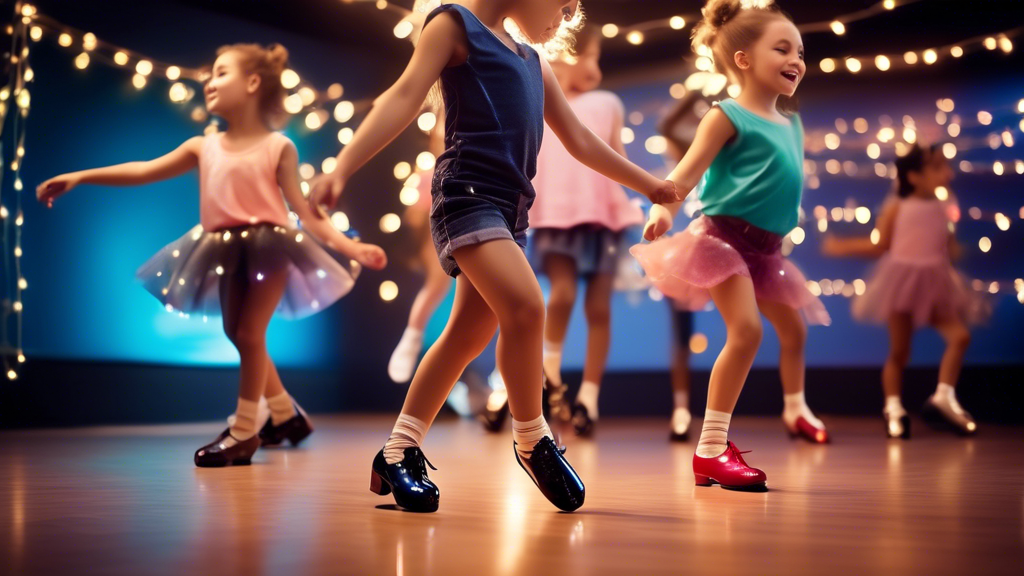 A photo of kids wearing tap shoes with twinkling lights on the bottom in a dance studio, practicing their routine