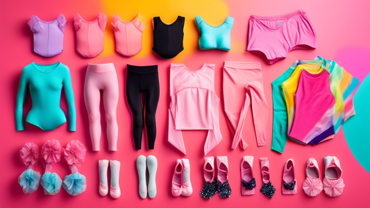 Create an image of a variety of custom dance apparel items such as leotards, tutus, ballet shoes, and leggings arranged neatly on a vibrant, colorful background. Each item should be unique in design, showcasing the customization options available whe