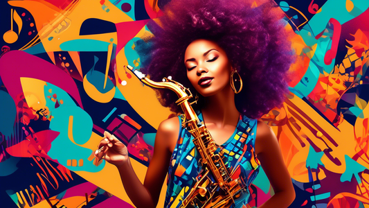 A model wearing a sleeveless, jazzy top, dancing and playing the saxophone. The top is vibrant, colorful, and has a unique design that is inspired by jazz music. The model is surrounded by musical not
