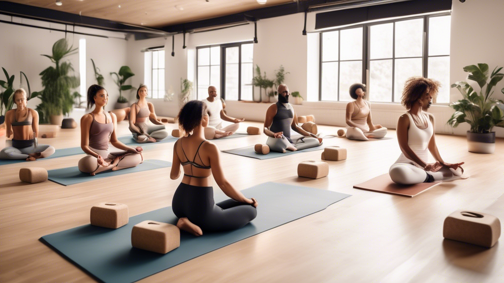 Create a visually stunning and modern yoga studio with a focus on stylish support tools and accessories. Depict a diverse group of people using yoga blocks, straps, and bolsters in their practice, sho