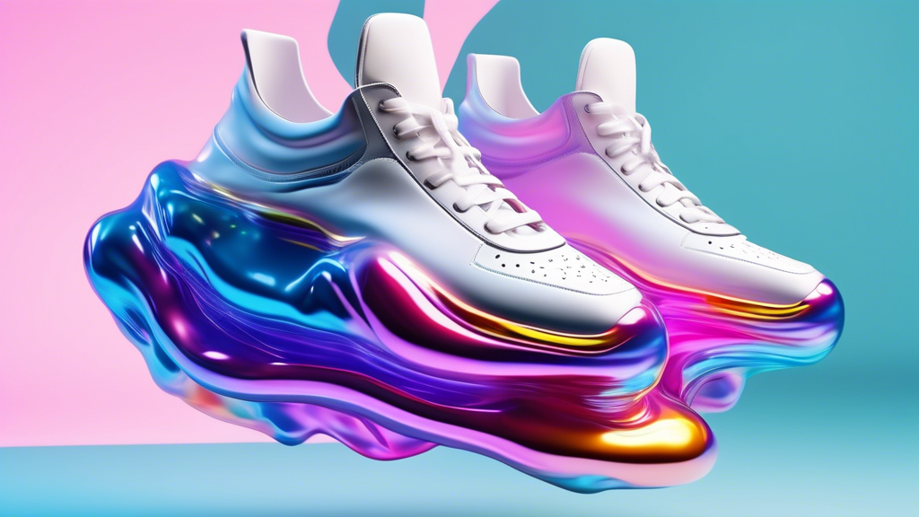 A pair of futuristic sneakers with an exaggerated sole that appears to be filled with an iridescent liquid, creating the illusion of buoyancy and bounce. The sneakers are worn by a person floating eff