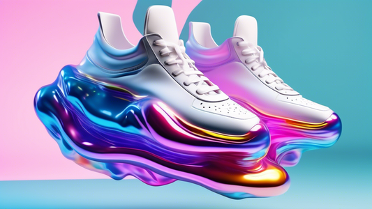 A pair of futuristic sneakers with an exaggerated sole that appears to be filled with an iridescent liquid, creating the illusion of buoyancy and bounce. The sneakers are worn by a person floating eff