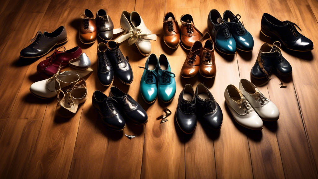 A photograph of a variety of tap shoes on a wooden floor, each pair with a different type of tap attached. The shoes are arranged in a circle, with a spotlight shining down on them.