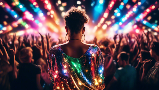 Photo of a person wearing a dazzling top for a stage performance, surrounded by bright lights and a crowd in the background