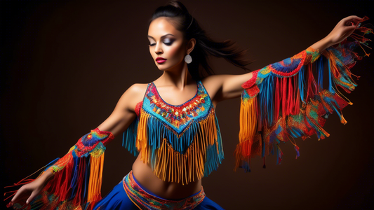 A vibrant and expressive dance top adorned with intricate beadwork and flowing tassels, designed specifically for Latin dancers, showcasing the movement and energy of the dance form.